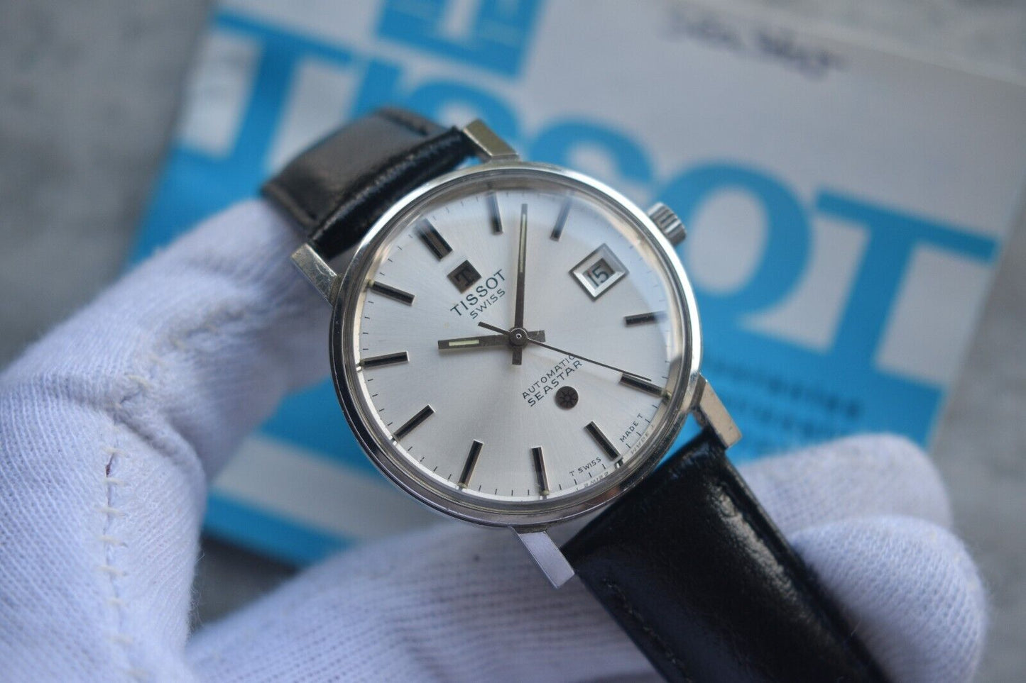 31/08/1974 Vintage Tissot Seastar Automatic Silver Leather Watch With Papers