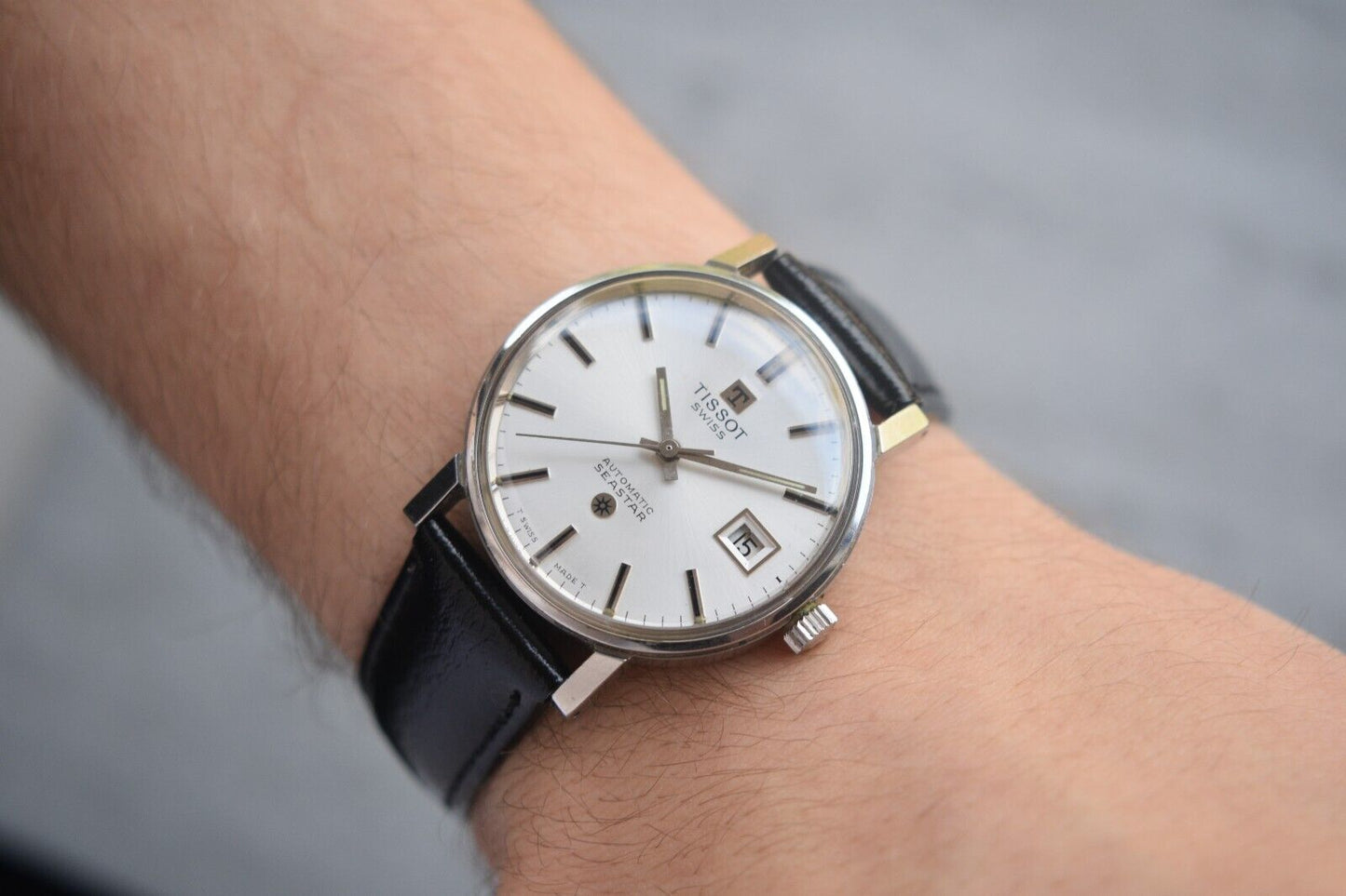 31/08/1974 Vintage Tissot Seastar Automatic Silver Leather Watch With Papers