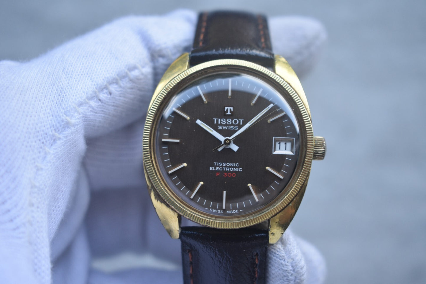 1974 Vintage Tissot Tissonic Brown Dial Rare Electronic Men's Gold Watch F 300