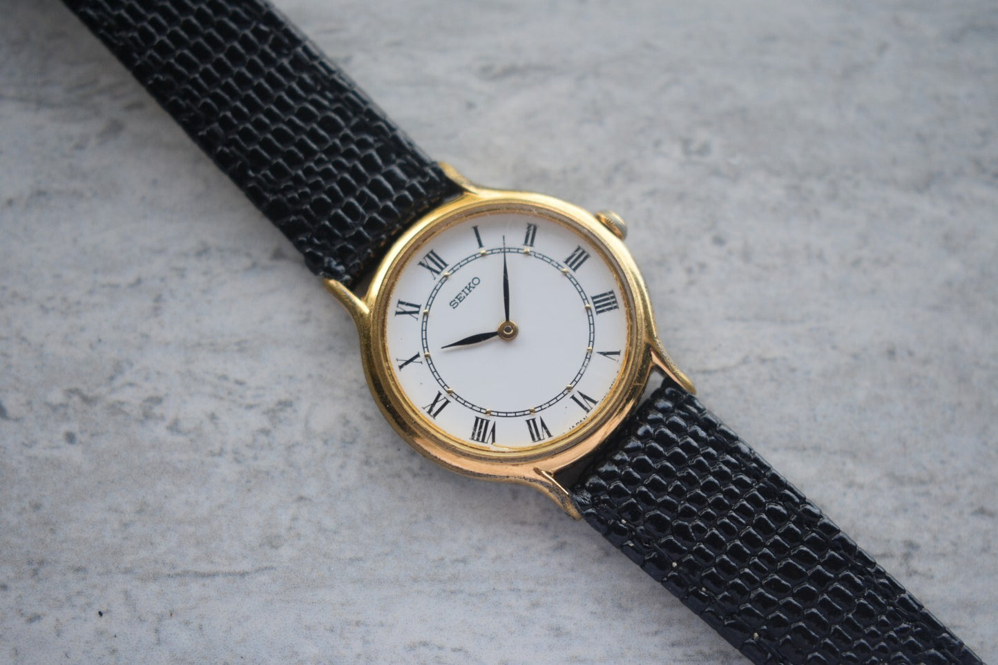 Seiko Ladies Watch Gold Leather Roman Numeral White Dial Quartz Women's
