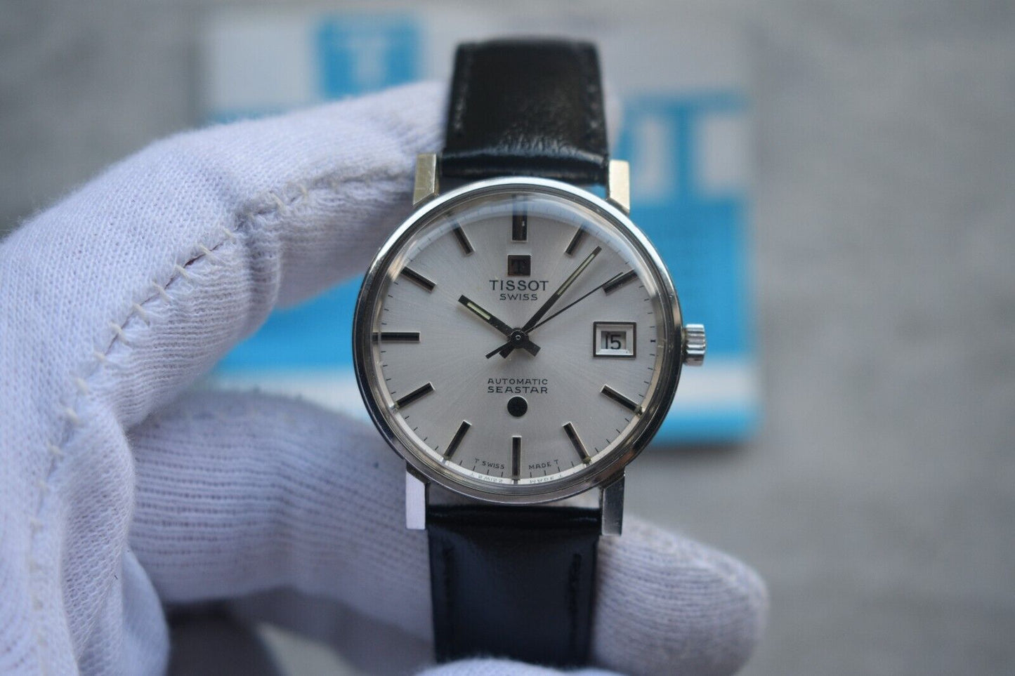 31/08/1974 Vintage Tissot Seastar Automatic Silver Leather Watch With Papers