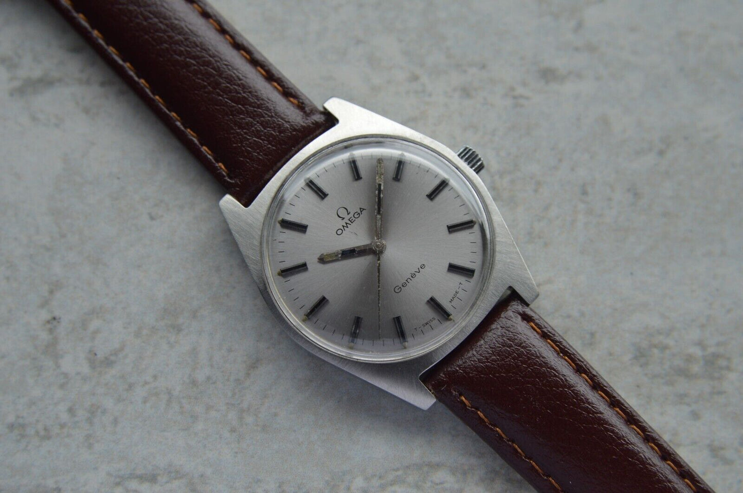 1970 Omega Geneve Vintage Rare Steel Men's Leather Watch Mechanical Rare