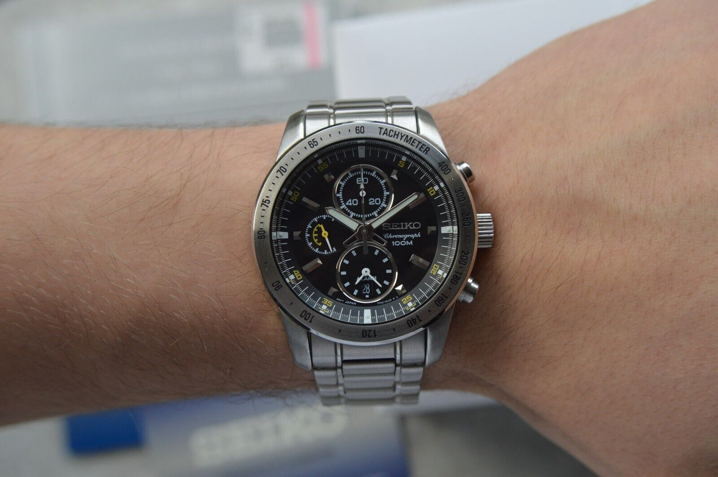 Seiko Alarm Chronograph 100M Fullset Black Dial Men's Quartz Bracelet Rare Watch