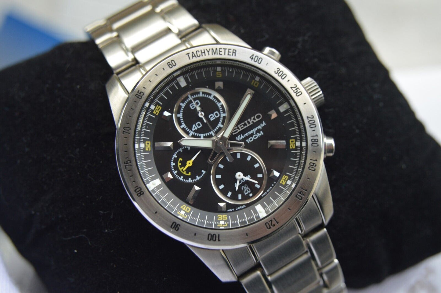 Seiko Alarm Chronograph 100M Fullset Black Dial Men's Quartz Bracelet Rare Watch