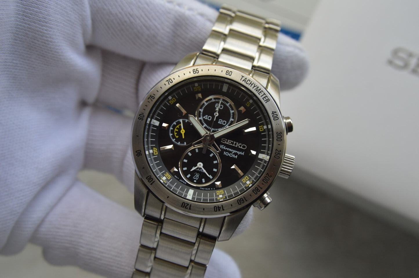 Seiko Alarm Chronograph 100M Fullset Black Dial Men's Quartz Bracelet Rare Watch