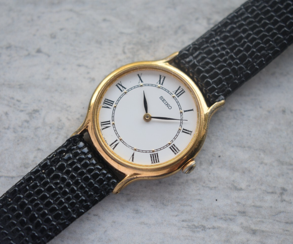 Seiko Ladies Watch Gold Leather Roman Numeral White Dial Quartz Women's