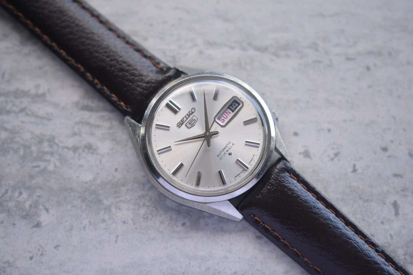 August 1968 Rare Vintage Seiko 6119 Automatic Leather Silver Dial Day Date Watch