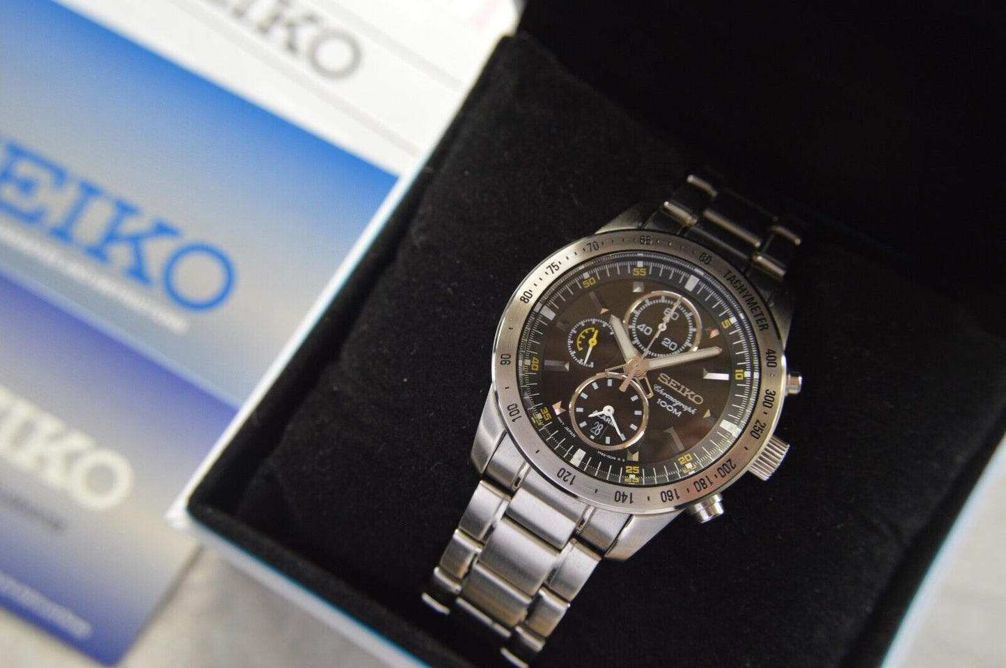 Seiko Alarm Chronograph 100M Fullset Black Dial Men's Quartz Bracelet Rare Watch