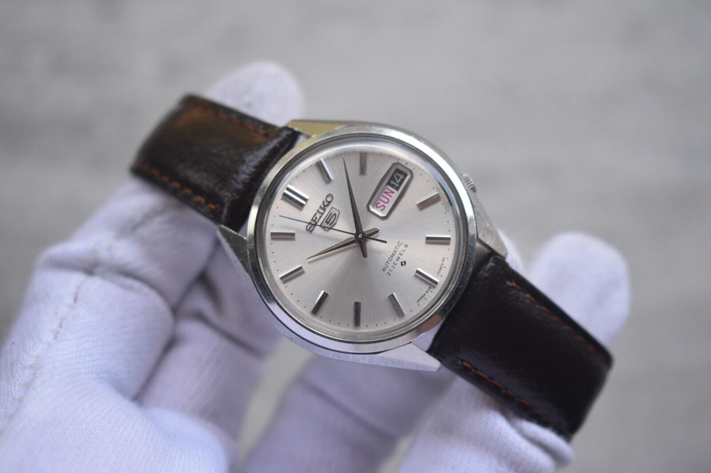 August 1968 Rare Vintage Seiko 6119 Automatic Leather Silver Dial Day Date Watch