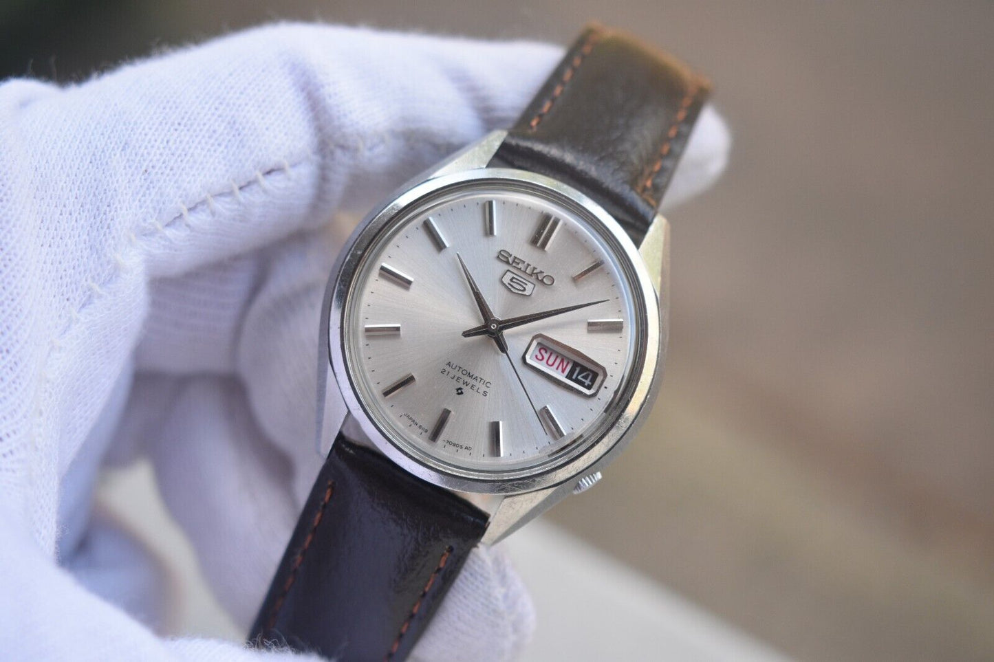 August 1968 Rare Vintage Seiko 6119 Automatic Leather Silver Dial Day Date Watch