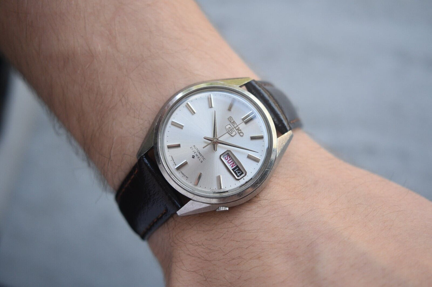 August 1968 Rare Vintage Seiko 6119 Automatic Leather Silver Dial Day Date Watch