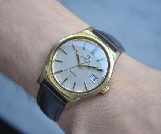 1973 Vintage Omega Geneve Gold Rare Mens Mechanical Dress Watch Leather Date