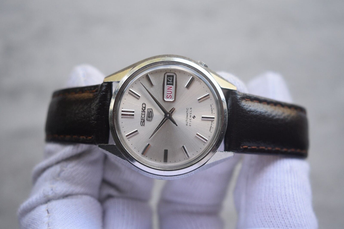 August 1968 Rare Vintage Seiko 6119 Automatic Leather Silver Dial Day Date Watch