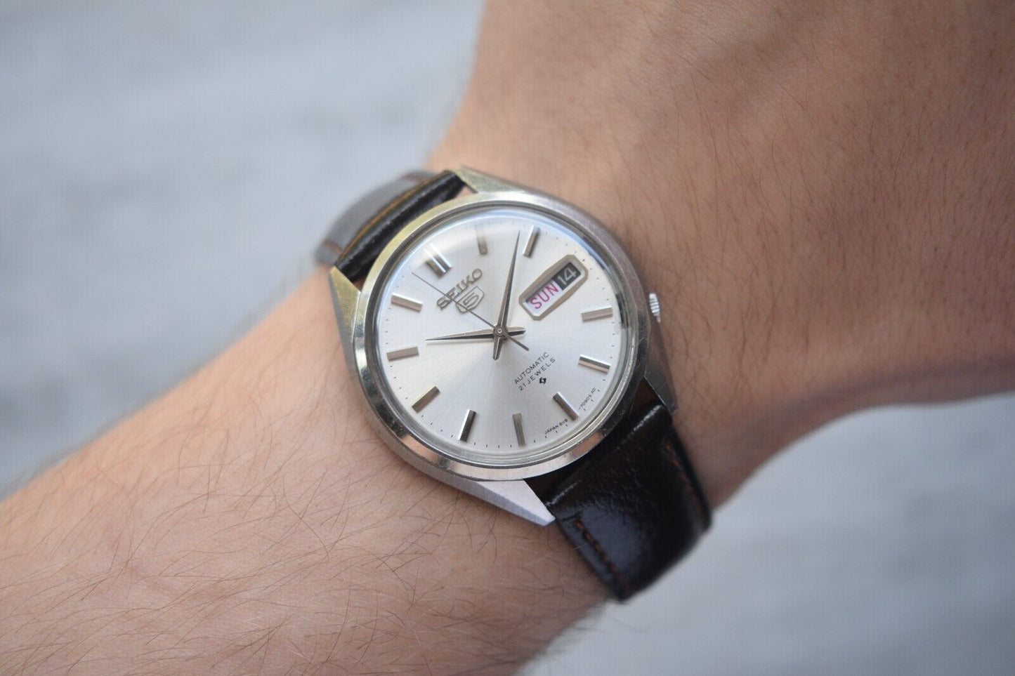 August 1968 Rare Vintage Seiko 6119 Automatic Leather Silver Dial Day Date Watch