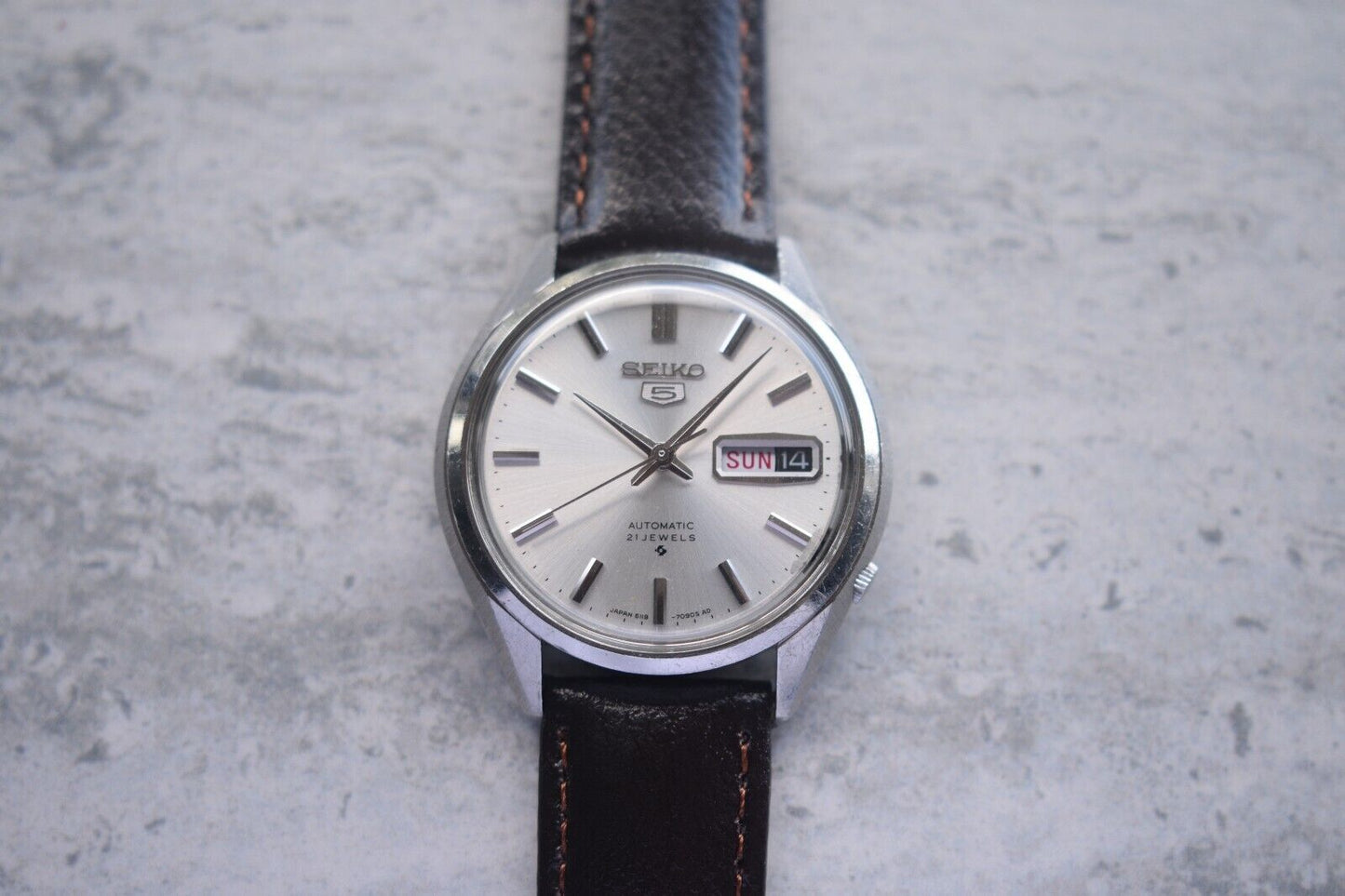 August 1968 Rare Vintage Seiko 6119 Automatic Leather Silver Dial Day Date Watch