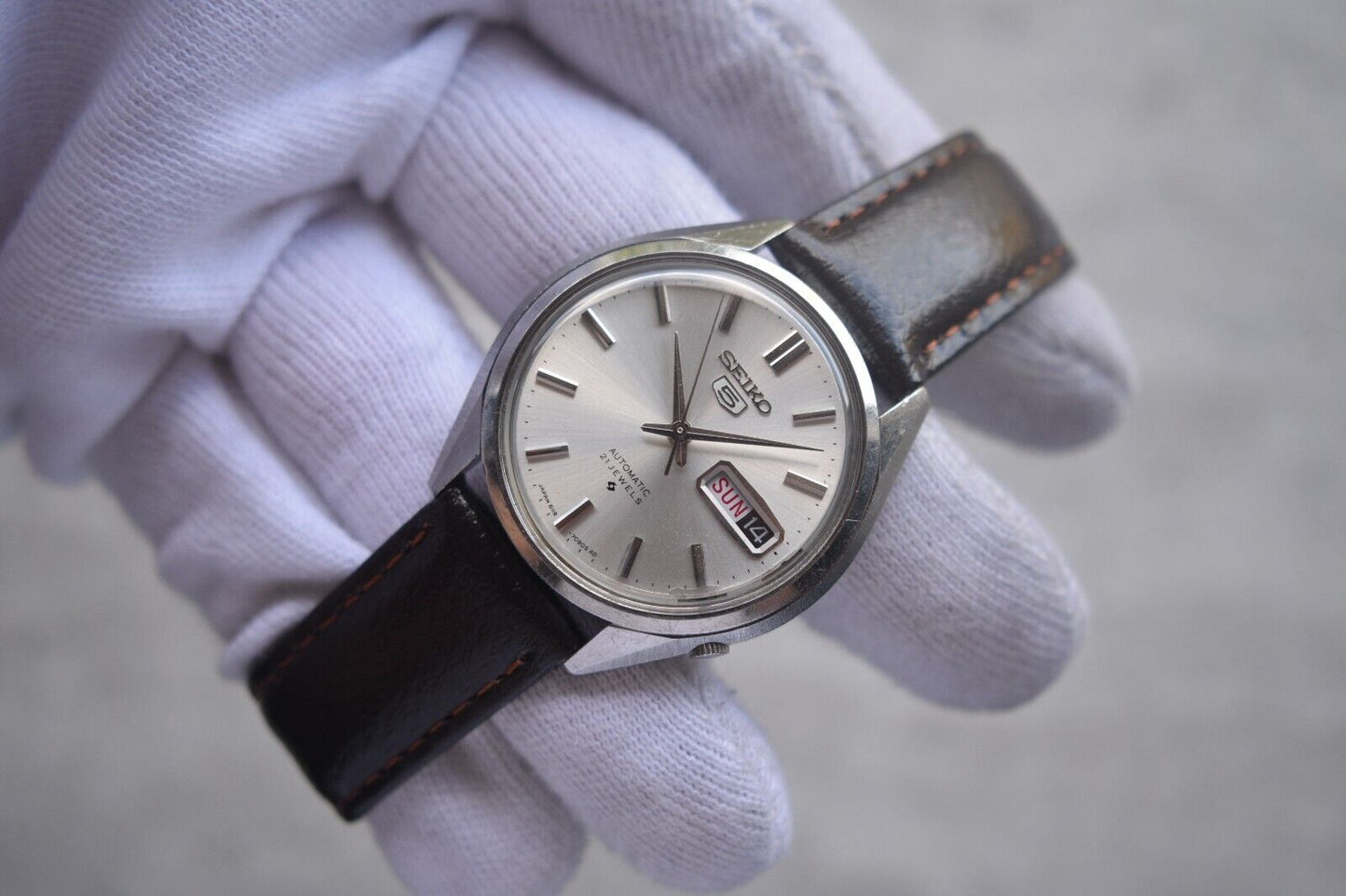 August 1968 Rare Vintage Seiko 6119 Automatic Leather Silver Dial Day Date Watch