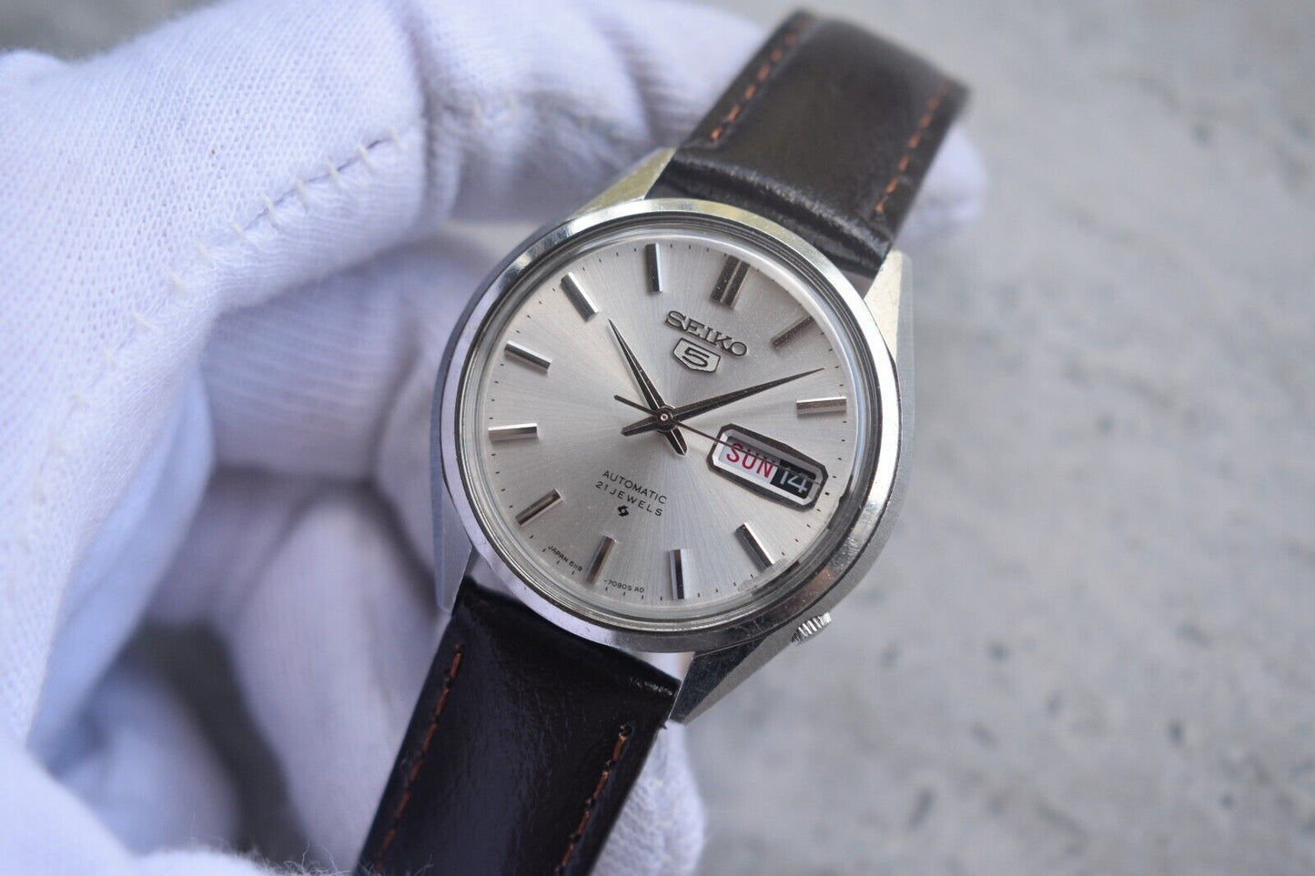 August 1968 Rare Vintage Seiko 6119 Automatic Leather Silver Dial Day Date Watch