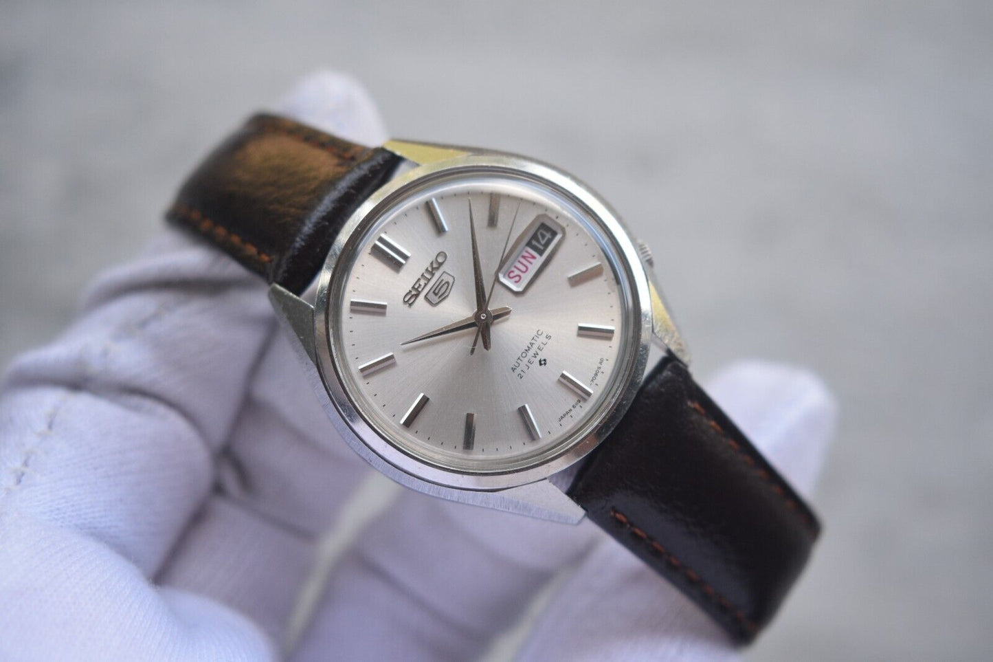 August 1968 Rare Vintage Seiko 6119 Automatic Leather Silver Dial Day Date Watch