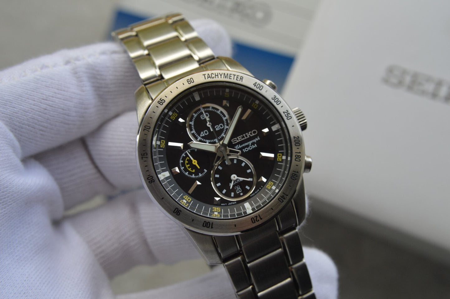 Seiko Alarm Chronograph 100M Fullset Black Dial Men's Quartz Bracelet Rare Watch