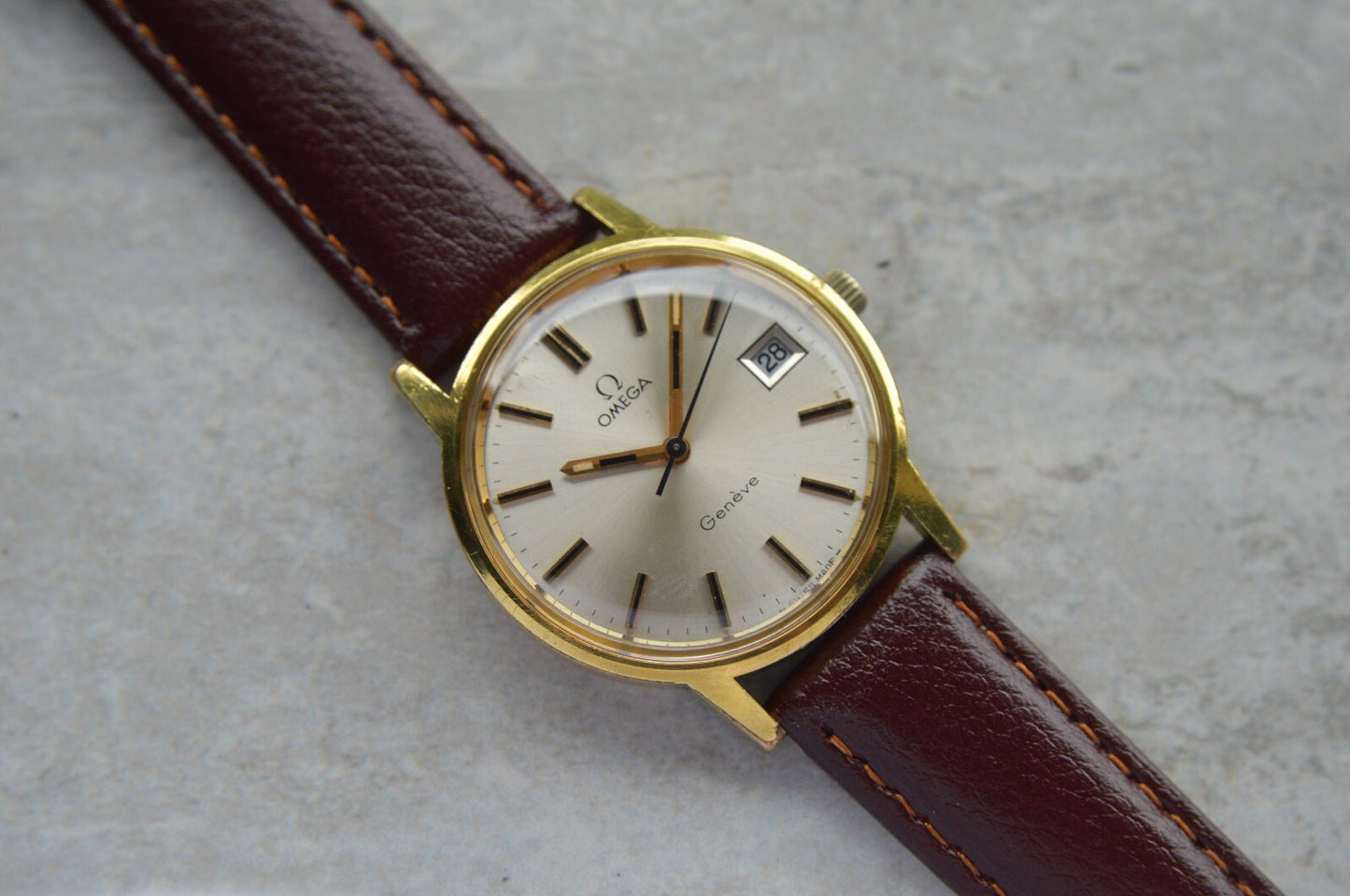1971 Vintage Omega Geneve Gold Leather Men's Mechanical Dress Watch
